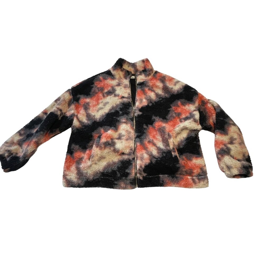 Tie-Dye Sherpa Fleece Jacket 1X By Love + Joy Coral Black Gold Tone Zipper - Picture 2 of 10